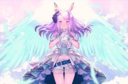 Rule 34 | 1girl, animal ears, belt, belt buckle, blue belt, blue feathers, blue wings, blush, buckle, closed mouth, clothing cutout, commentary request, crop top, feathered wings, feathers, gloves, hands up, hat, horse ears, horse girl, horse tail, mejiro mcqueen (end of sky) (umamusume), mejiro mcqueen (umamusume), midriff, mini hat, mini top hat, navel, official alternate costume, own hands together, puffy short sleeves, puffy sleeves, shirt, short shorts, short sleeves, shorts, shoulder cutout, smile, solo, standing, suzuho hotaru, swept bangs, tail, thigh gap, tilted headwear, top hat, umamusume, white gloves, white hat, white shirt, white shorts, wings