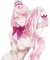 Rule 34 | 1girl, bad id, bad twitter id, breasts, choker, cleavage, commentary request, earrings, fang, fang out, fate/grand order, fate (series), formal, glasses, gloves, hat, jewelry, koyanskaya (fate), koyanskaya (foreigner) (first ascension) (fate), long hair, looking at viewer, pink hair, ribbon, ribbon choker, semi-rimless eyewear, sleeve cuffs, smile, solo, suit, tamamo (fate), to (kuufuku), under-rim eyewear, very long hair, white background, white gloves, yellow eyes
