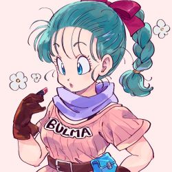 Rule 34 | 1girl, :o, applying makeup, belt, blue eyes, blue hair, braid, brown gloves, bulma, character name, clothes writing, commentary, cosmetics, dragon ball, dragon ball (classic), english commentary, expressionless, eyelashes, fanny pack, floral background, flower, gloves, hair ribbon, highres, lipstick, lipstick tube, looking down, makeup, pink lips, pink ribbon, pink shirt, purple scarf, ribbon, scarf, shirt, simple background, solo, standing, striped clothes, striped shirt, tkgsize, upper body, vertical-striped clothes, vertical-striped shirt