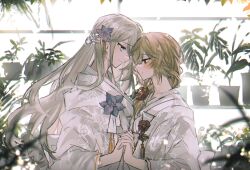 Rule 34 | 2girls, blonde hair, blush, braid, camellia, chinese knot, closed mouth, floral print, flower, french braid, from side, greenhouse, half-closed eyes, highres, holding hands, indoors, japanese clothes, kimono, long hair, long sleeves, low ponytail, multiple girls, original, plant, potted plant, red flower, remsrar, tassel, very long hair, white hair, white kimono, wide sleeves, yuri