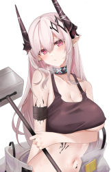 Rule 34 | 1girl, arknights, bare shoulders, black choker, black shirt, breast hold, breasts, breath, choker, crop top, hair ornament, hammer, head tilt, highres, holding, holding hammer, horns, infection monitor (arknights), large breasts, long hair, looking at viewer, material growth, midriff, mudrock (arknights), mudrock (elite ii) (arknights), navel, oripathy lesion (arknights), pink eyes, pointy ears, ru zhai, shirt, simple background, sleeveless, sleeveless shirt, solo, stomach, underboob, upper body, white background, white hair
