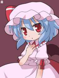 Rule 34 | 1girl, bat wings, blue hair, blush, dress, female focus, hand on own chest, hat, hatomugisan, looking at viewer, pink dress, red eyes, remilia scarlet, short hair, simple background, solo, standing, touhou, vampire, wings