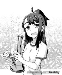 Rule 34 | 1girl, artist name, bags under eyes, bong, drugged, drugs, geewhy, greyscale, grin, half-closed eyes, highres, holding, holding lighter, kagari atsuko, lighter, little witch academia, marijuana, monochrome, open mouth, ponytail, shirt, short hair, smile, smoke, solo, standing, t-shirt, teeth, upper body, upper teeth only, watermark, web address