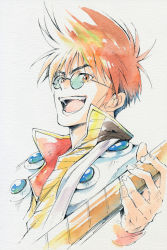 Rule 34 | 1boy, :d, agahari, brown eyes, commentary request, grey background, guitar, highres, holding, holding instrument, instrument, looking at viewer, macross, macross 7, male focus, nekki basara, open mouth, orange hair, round eyewear, short hair, simple background, smile, teeth, traditional media