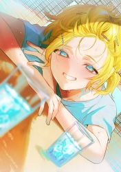 Rule 34 | 1boy, 86ch, absurdres, aqua eyes, bishounen, blonde hair, blue eyes, commentary request, crossed arms, fence, glasses, hair ornament, hairclip, highres, ice, kagamine len, looking at viewer, male focus, on table, smile, solo, table, teeth, vocaloid, water