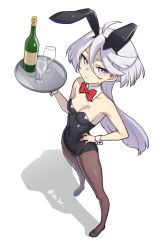 Rule 34 | 1girl, ahoge, alternate costume, animal ears, bow, breasts, closed mouth, commentary request, detached collar, fake animal ears, full body, grey eyes, grey hair, gundam, gundam suisei no majo, hair between eyes, hand on own hip, heebee, holding, holding tray, leotard, long hair, looking at viewer, medium breasts, miorine rembran, pantyhose, playboy bunny, rabbit ears, solo, standing, swept bangs, tray, twitter username, wrist cuffs
