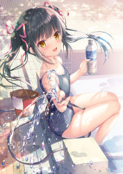 Rule 34 | 1girl, :d, bare legs, between thighs, black hair, black one-piece swimsuit, blue one-piece swimsuit, blunt bangs, bottle, breasts, bucket, commentary, competition school swimsuit, empty pool, hair ribbon, highres, holding, holding bottle, holding hose, hose, kodama haruka, long hair, looking at viewer, one-piece swimsuit, open mouth, original, pool, poolside, ribbon, school swimsuit, shadow, sidelocks, sitting, small breasts, smile, solo, sousouman, sunlight, swimsuit, thighs, twinbox school, twintails, water, water bottle, wet, yellow eyes
