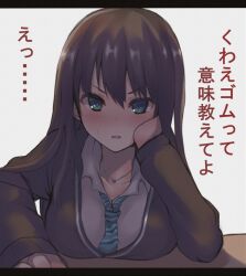 Rule 34 | 1girl, blue necktie, blush, breast rest, breasts, breasts on table, brown hair, cardigan, clueless, collared shirt, commentary request, dyson (edaokunnsaikouya), green eyes, head on hand, idolmaster, idolmaster cinderella girls, large breasts, long bangs, long hair, looking at viewer, necktie, school uniform, shibuya rin, shirt, simple background, swept bangs, tomica hyper rescue drive head: kidou kyuukyuu keisatsu, translated, white background