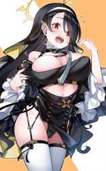 Rule 34 | 1girl, bare shoulders, black dress, black hair, black panties, blue archive, blush, breasts, choker, cleavage, clothing cutout, detached sleeves, dress, ear piercing, earrings, flying sweatdrops, garter straps, hat, highres, hinata (blue archive), jewelry, konnyaku (kk-monmon), large breasts, long hair, looking at viewer, open mouth, panties, piercing, red eyes, solo, tearing up, thighhighs, thighs, two-tone background, underwear, veil, very long hair, white thighhighs