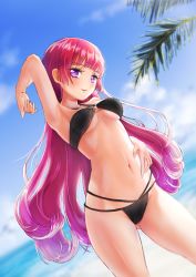 Rule 34 | 1girl, absurdres, arm up, armpits, bikini, black bikini, blue sky, blurry, blurry background, blush, breasts, closed mouth, collarbone, commentary, cowboy shot, day, gluteal fold, highres, hime cut, hojo sophy, idol time pripara, kawosu shikou, long hair, looking at viewer, medium breasts, navel, outdoors, palm tree, pink hair, pretty series, pripara, purple eyes, sky, smile, solo, swimsuit, tree, underboob, very long hair