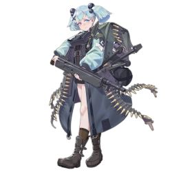 Rule 34 | 1girl, ammunition, ammunition belt, backpack, bag, baggy clothes, belt-fed, black footwear, blue coat, blue eyes, blue hair, boots, breasts, brown socks, bullet, closed mouth, coat, combat knife, frown, full body, girls&#039; frontline, gun, hair bobbles, hair ornament, heavy machine gun, holding, holding gun, holding weapon, holster, knife, load bearing equipment, looking at viewer, m1895 cb (girls&#039; frontline), m1895 colt-browning, machine gun, official art, open clothes, open coat, pouch, purple eyes, short hair, sidelocks, socks, solo, transparent background, trench coat, twintails, walking, weapon