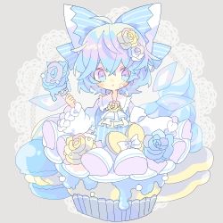 Rule 34 | 1girl, :t, ascot, blouse, blue bow, blue eyes, blue hair, blush, bow, cirno, commentary request, cupcake, detached wings, diamond-shaped pupils, diamond (shape), doily, flower, food, food on face, fork, grey background, hair bow, hair flower, hair ornament, heart, highres, holding, holding fork, ice cream, icing, in food, long sleeves, looking at viewer, macaron, nikorashi-ka, pinstripe pattern, pinstripe vest, rose, shirt, short hair, solo, striped clothes, striped vest, sweets, symbol-shaped pupils, touhou, upper body, vest, white ascot, white bow, white shirt, wide sleeves, wings