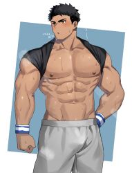 Rule 34 | 1boy, abs, bara, bare pectorals, biceps, black hair, black shirt, blush, brown eyes, clenched hand, earrings, grey pants, groin, highres, jewelry, looking to the side, male focus, muscular, muscular male, nipples, original, pants, pectorals, rio mukiniki, shirt, short hair, simple background, sweat, sweatpants, thick eyebrows, wristband