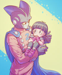 Rule 34 | 1boy, 1girl, :o, black hair, black pants, blue cape, blunt bangs, blurry, blurry background, blush, boots, buttons, cape, carrying, child, closed mouth, colored sclera, colored skin, commentary request, double-breasted, dragon ball, dragon ball super, dragon ball super super hero, eye contact, eyelashes, fingerless gloves, gamma 2, gloves, grey skin, hands up, highres, jacket, koukyouji, long sleeves, looking at another, pan (dragon ball), pants, parted lips, princess carry, purple eyes, purple footwear, purple gloves, shirt, short hair, short sleeves, simple background, sleeve cuffs, smile, sparkle, standing, t-shirt, two-tone background, white background, yellow jacket, yellow pants, yellow sclera