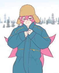 Rule 34 | 1girl, brown hat, coat, commentary, english commentary, fur hat, green coat, hair between eyes, hat, highres, long bangs, long hair, looking down, original, outdoors, pink eyes, pink hair, rida (vibrantrida), smile, snow, solo, tree, vibrantrida
