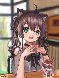 Rule 34 | 1girl, :3, absurdres, animal ears, artist name, black bow, black choker, blurry, blurry background, blush, bow, brown hair, cat ears, cat girl, choker, cowlick, green eyes, head tilt, highres, hololive, kemonomimi mode, looking at viewer, muramasa dash, nail polish, natsuiro matsuri, natsuiro matsuri (casual), open mouth, own hands together, parfait, pink nails, sitting, smile, solo, twintails, virtual youtuber