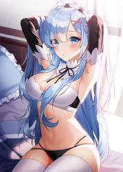 Rule 34 | 1girl, absurdres, alternate costume, alternate hair length, alternate hairstyle, armpits, arms behind head, arms up, bad id, bad pixiv id, bed sheet, black ribbon, black sleeves, blanket, blue eyes, blue hair, blush, bra, breasts, cleavage, collar, commentary, detached collar, detached sleeves, flower knot, frilled collar, frilled pillow, frills, groin, hair ornament, hair over one eye, hands in hair, highres, indoors, long hair, looking at viewer, maid, medium breasts, meoyo, navel, neck ribbon, on bed, panties, parted lips, pillow, re:zero kara hajimeru isekai seikatsu, rem (re:zero), ribbon, shiny clothes, sitting, solo, stomach, thighhighs, thighs, underwear, white bra, white thighhighs, x hair ornament