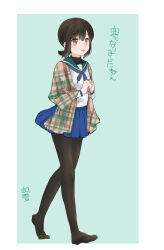 Rule 34 | 1girl, blue neckerchief, blue skirt, bodysuit, bodysuit under clothes, border, brown eyes, brown hair, character name, commentary request, fubuki (kancolle), full body, gradient eyes, green background, green eyes, green sailor collar, hair between eyes, jewelry, kantai collection, kiusagi sanae, long sleeves, low ponytail, medium hair, multicolored eyes, neckerchief, no shoes, open mouth, own hands together, pleated skirt, ring, sailor collar, school uniform, serafuku, shirt, sidelocks, simple background, skirt, solo, sweater, translation request, walking, wedding ring, white border, white shirt