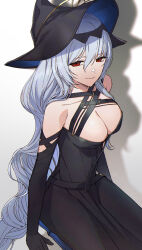 Rule 34 | 1girl, arknights, bare shoulders, black dress, black gloves, black headwear, breasts, character request, check character, cleavage, closed mouth, dress, elbow gloves, gloves, gradient background, grey background, grey hair, hair between eyes, highres, long hair, looking at viewer, medium breasts, oxy (ho2), red eyes, shadow, skadi (arknights), smile, solo, very long hair, white background
