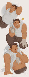 Rule 34 | 1boy, absurdres, animal ears, bara, blush, brown hair, cat ears, clothes lift, collage, cropped legs, cup, dark-skinned male, dark skin, earrings, facial hair, fang, fang out, fat, fat man, gloves, goatee stubble, goo (koushishikou11), grin, highres, hot, jewelry, large hands, lifting own clothes, male focus, mug, multiple views, muscular, muscular male, navel, on nose, original, pectoral cleavage, pectorals, pencil, shirt, shirt lift, short hair, smile, sparkling sweat, sparse navel hair, stubble, sweat, thick eyebrows, tied sleeves, very sweaty, white gloves, white shirt