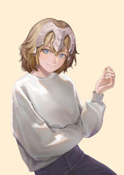 Rule 34 | 1girl, blonde hair, blue eyes, blush, closed mouth, fate/grand order, fate (series), headpiece, jeanne d&#039;arc (fate), jeanne d&#039;arc (ruler) (fate), joe (j studio), looking at viewer, short hair, simple background, smile, solo, sweater, upper body, yellow background