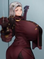 Rule 34 | 1girl, absurdres, ass, blurry, blurry background, blurry foreground, bodysuit, breasts, commission, female focus, gigantic breasts, grey eyes, grey hair, grin, highres, looking at viewer, original, pointing, pointing at viewer, pointing gun, red pupils, sideboob, smile, smoke, solo, standing, toy (wanju)