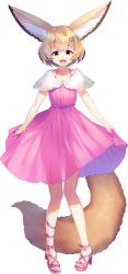 Rule 34 | 1girl, :d, animal ear fluff, animal ears, blonde hair, blush, breasts, capelet, cleavage, collarbone, commentary request, dress, fox ears, fox girl, fox tail, full body, hair ornament, hairclip, high heels, highres, knees together feet apart, large tail, open mouth, original, pigeon-toed, pink dress, pink footwear, pleated skirt, red eyes, sandals, see-through clothes, see-through silhouette, short hair, simple background, skirt, sleeveless, sleeveless dress, smile, solo, standing, tail, toenails, white background, white capelet, yuuji (yukimimi)