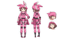 Rule 34 | 1girl, animal ears, artist request, black footwear, boots, brown hair, rabbit ears, character sheet, elbow pads, fake animal ears, female focus, firing, full body, gloves, gun, hat, highres, knee pads, llenn (sao), looking at viewer, military, military uniform, multiple views, open mouth, pants, pink eyes, pink gloves, pink headwear, pink pants, short hair, simple background, smile, source request, standing, sword art online, sword art online alternative: gun gale online, thigh strap, uniform, weapon, white background