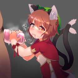 Rule 34 | 1boy, 1girl, animal ears, artificial vagina, blush, breasts, brown hair, cat ears, cat tail, chen, cum, cum in mouth, dress, grey background, handjob, hat, heart, heart-shaped pupils, hetero, looking at viewer, male pubic hair, mob cap, multiple tails, nekomata, nipples, penis, pubic hair, sex toy, short hair, simple background, small breasts, solo focus, stray pubic hair, symbol-shaped pupils, tail, torque, touhou, uncensored