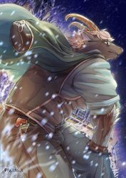 Rule 34 | 1boy, ahamma, animal ears, bara, bulge, denim, furry, furry male, glasses, goat boy, goat ears, goat horns, grey fur, horns, jacket, jacket on shoulders, jeans, looking to the side, male focus, muscular, pants, pectorals, short hair, sleeves rolled up, snow, solo, tanngrisnir (housamo), thighs, tokyo houkago summoners, white hair