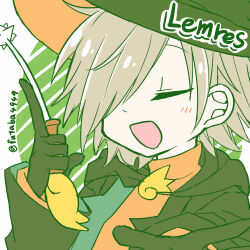 Rule 34 | 1boy, absurdres, blush, character name, closed eyes, futaba969649, gloves, green gloves, green headwear, grey hair, hair over one eye, highres, holding, holding wand, lemres (puyopuyo), open mouth, puyopuyo, puyopuyo fever, solo, wand