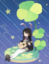 Rule 34 | 1girl, :d, animal ears, black jacket, blazer, blue background, bow, bowtie, brown footwear, brown hair, closed eyes, clover, collared shirt, fake animal ears, four-leaf clover, full body, grass, grey skirt, guitar, holding, holding instrument, instrument, jacket, legs together, loafers, long hair, long sleeves, miniskirt, music, nijisanji, open mouth, pink bow, pink bowtie, plaid, plaid skirt, playing instrument, pleated skirt, rabbit ears, school uniform, shirt, shoe soles, shoes, shooting star, sitting, skirt, smile, solo, sou (tuhut), star (symbol), straight hair, thighhighs, tsukino mito, virtual youtuber, white shirt, white thighhighs, zettai ryouiki