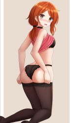 Rule 34 | 1girl, @ @, ass, bare arms, bare shoulders, black bra, black panties, black pantyhose, bra, breasts, brown eyes, clothes pull, commentary, commission, english commentary, feet out of frame, grey background, highres, kazenokaze, kneeling, long hair, orange hair, original, panties, pantyhose, pantyhose pull, simple background, sleeveless, small breasts, solo, thighs, underwear