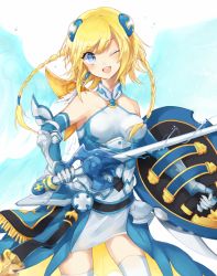 Rule 34 | 1girl, bad id, bad pixiv id, bare shoulders, blonde hair, blue eyes, blue valkyrie (p&amp;d), braid, hsiao, one eye closed, puzzle &amp; dragons, shield, short hair with long locks, solo, sword, thighhighs, valkyrie (p&amp;d), water valkyrie (p&amp;d), weapon, wings, zettai ryouiki