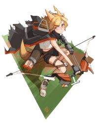 Rule 34 | 1girl, absurdres, animal ears, anklet, arknights, arrow (projectile), black cape, black gloves, black shorts, blonde hair, bow, bow (weapon), cape, fingerless gloves, fox ears, fox girl, fox tail, gloves, gremlin (mythology), highres, holding, holding bow (weapon), holding weapon, infection monitor (arknights), jewelry, kart prowler, looking at viewer, mechanical arms, notched ear, quiver, shirt, short hair, shorts, single mechanical arm, solo, squatting, tail, vermeil (arknights), weapon, white footwear, white shirt, yellow eyes
