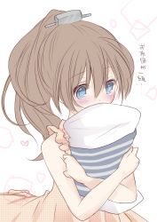 Rule 34 | 10s, 1girl, alternate costume, blue eyes, blush, brown hair, casual, hair ornament, heart, heart-shaped pupils, kantai collection, koyoi (ruka), kumano (kancolle), long hair, hugging object, pajamas, pillow, pillow hug, ponytail, sketch, solo, symbol-shaped pupils, translation request