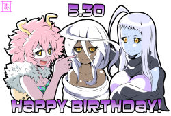Rule 34 | 10s, 3girls, absurdly long hair, ahoge, antennae, ashido mina, black sclera, blue skin, boku no hero academia, breasts, cleavage, colored sclera, colored skin, crossover, dark skin, dark-skinned female, dated, doppel (monster musume), doppelganger, dullahan, hair censor, happy birthday, huge ahoge, lala (monster musume), large breasts, long hair, medium breasts, monster girl, monster musume no iru nichijou, multiple girls, nude, open mouth, pink hair, pink skin, prehensile hair, s-now, signature, simple background, smile, trait connection, upper body, very long hair, white background, white hair, yellow eyes