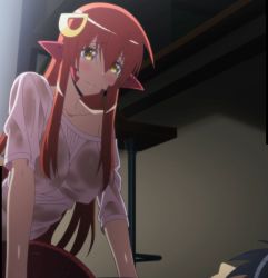Rule 34 | 10s, 1girl, blush, breasts, female focus, gradient background, highres, lamia, large breasts, long hair, miia (monster musume), monster girl, monster musume no iru nichijou, pointy ears, red hair, screencap, snake tail, solo, stitched, tail, third-party edit, wet, wet clothes, yellow eyes