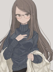 Rule 34 | 1girl, black pants, brown eyes, brown hair, glasses, grey background, grey sweater, hand on own neck, high collar, highres, hinomaru (futagun), jacket, light smile, long hair, looking at viewer, off-shoulder jacket, off shoulder, original, pants, simple background, solo, sweater, upper body, white jacket