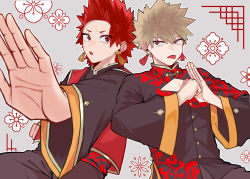 Rule 34 | 2boys, :o, absurdres, bakugou katsuki, blonde hair, boku no hero academia, chinese clothes, cleavage cutout, clenched hand, clothing cutout, earrings, fighting stance, floral background, foreshortening, grey background, hane11254, highres, jewelry, kirishima eijirou, male focus, multiple boys, outline, red eyes, red hair, spiked hair, tassel, tassel earrings, tongue, tongue out, white outline