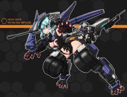 Rule 34 | 1boy, 1girl, :o, black leotard, blue eyes, blue hair, breasts, character name, clothing cutout, copyright name, giant, giantess, hexa gear, highres, leotard, looking at viewer, mecha musume, navel, open hands, pawn a1, personification, rayblade impulse, shoulder cannon, solo focus, stomach cutout, takoyakin, underboob, wheel