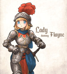 Rule 34 | 1girl, armor, blonde hair, blue eyes, borrowed character, breastplate, full armor, gauntlets, greaves, helm, helmet, highres, holding, holding weapon, ironlily, knight, medieval, ordo mediare sisters (ironlily), pauldrons, plate armor, plume, scabbard, sheath, shoulder armor, sword, visor (armor), weapon