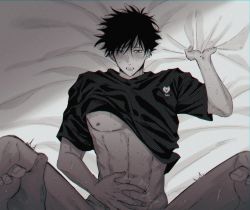 Rule 34 | 2boys, abs, anal, bed sheet, black hair, blush, clothes lift, commentary request, drooling, fushiguro megumi, fushirun rung, green eyes, hand on own stomach, highres, jujutsu kaisen, leg grab, lying, m legs, male focus, male penetrated, missionary, multiple boys, navel, nipple piercing, on back, pectorals, piercing, pov, sex, sheet grab, shirt, shirt lift, short hair, spiked hair, spread legs, sweat, tears, toned, toned male, trembling, yaoi