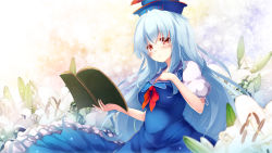 Rule 34 | 1girl, blue dress, blue hat, blush, book, breasts, commentary request, cowboy shot, dress, flower, gengetsu chihiro, hand up, hat, highres, holding, holding book, kamishirasawa keine, long hair, looking at viewer, medium breasts, neck ribbon, petticoat, pinafore dress, red eyes, red ribbon, ribbon, shirt, silver hair, sleeveless, sleeveless dress, smile, solo, touhou, very long hair, white flower, white shirt
