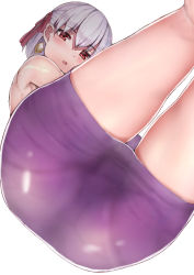 Rule 34 | 1girl, ass, ass focus, bad id, bad pixiv id, blush, commentary request, earrings, fate/grand order, fate (series), hair ribbon, highres, jewelry, kama (fate), kama (first ascension) (fate), looking at viewer, looking down, parted lips, purple skirt, red eyes, red ribbon, ribbon, see-through, short hair, sikijou77o, silver hair, simple background, skirt, solo, thighs, white background