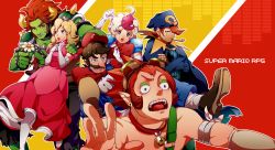 Rule 34 | 1girl, 5boys, bell, blonde hair, bowser, bowyer, brown hair, collar, crossed arms, daisy, doll joints, dress, elbow gloves, flower, geno (mario), gloves, grin, hat, highres, jingle bell, joints, mallow (mario), mario, mario (series), multicolored hair, multiple boys, nintendo, open mouth, otani (gloria), personification, smoking pipe, princess peach, red hair, sharp teeth, smile, super mario rpg, teeth, two-tone hair, white hair