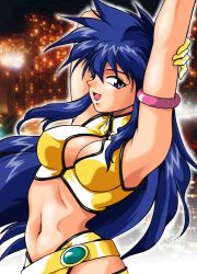 Rule 34 | 1980s (style), 1girl, armlet, arms up, blue hair, breasts, cleavage, cleavage cutout, clothing cutout, cowboy shot, dirty pair, gloves, large breasts, long hair, manabe jouji, navel, retro artstyle, open mouth, photo background, purple eyes, retro artstyle, solo, yellow gloves, yuri (dirty pair)