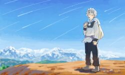 Rule 34 | 1boy, backpack, bad drawr id, bad id, bag, black pants, blue sky, character request, cloud, cojibou, copyright request, day, full body, holding, holding bag, hood, hood down, hoodie, long sleeves, male focus, mountain, mountainous horizon, oekaki, outdoors, pants, shooting star, short hair, sky, solo, standing, white hair