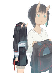 Rule 34 | 1girl, aqua eyes, aqua hair, black hair, black sailor collar, black serafuku, black skirt, chinese commentary, closed mouth, commentary request, hands up, holding, holding clothes, holding neckwear, horns, long sleeves, looking at object, looking down, multiple views, neckerchief, original, others (gogo-o), pleated skirt, red neckerchief, sailor collar, school uniform, serafuku, shirt, short hair, simple background, skin-covered horns, skirt, standing, unworn neckerchief, wardrobe error, white background, white shirt, you&#039;re doing it wrong