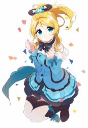 Rule 34 | 10s, 1girl, ayase eli, bad id, bad pixiv id, blonde hair, blue eyes, boots, bow, capelet, choker, confetti, frilled skirt, frilled sleeves, frills, hair ornament, highres, kira-kira sensation!, long hair, looking at viewer, looking up, love live!, love live! school idol project, ponytail, ribbon, ribbon choker, skirt, smile, solo, thighhighs, totoki86